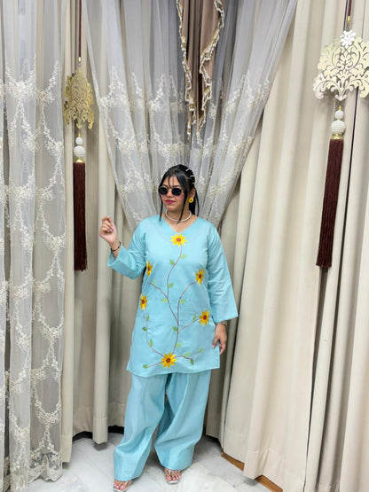 Premium Cotton Silk Sunflower Embroidery Co-Ord Set with Farshi Palazzo
