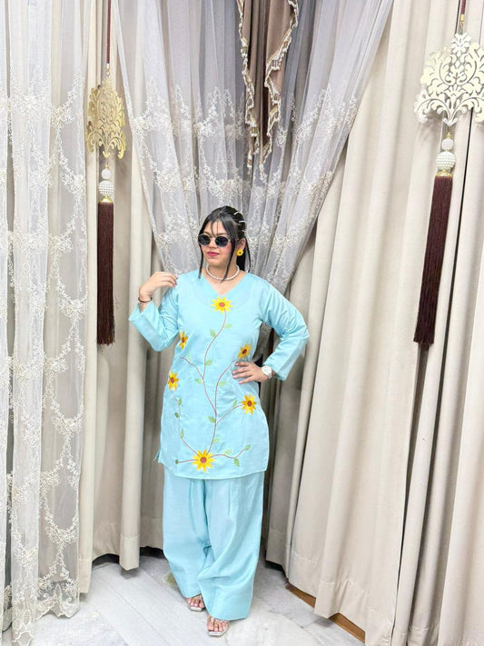 Premium Cotton Silk Sunflower Embroidery Co-Ord Set with Farshi Palazzo