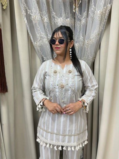 Premium Pure Cotton Striped Co-Ord Set with Sunflower Embroidery & Mirror Work