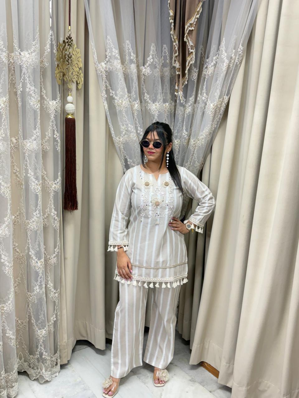 Premium Pure Cotton Striped Co-Ord Set with Sunflower Embroidery & Mirror Work