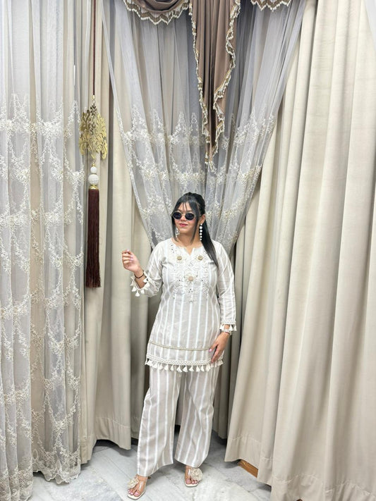 Premium Pure Cotton Striped Co-Ord Set with Sunflower Embroidery & Mirror Work