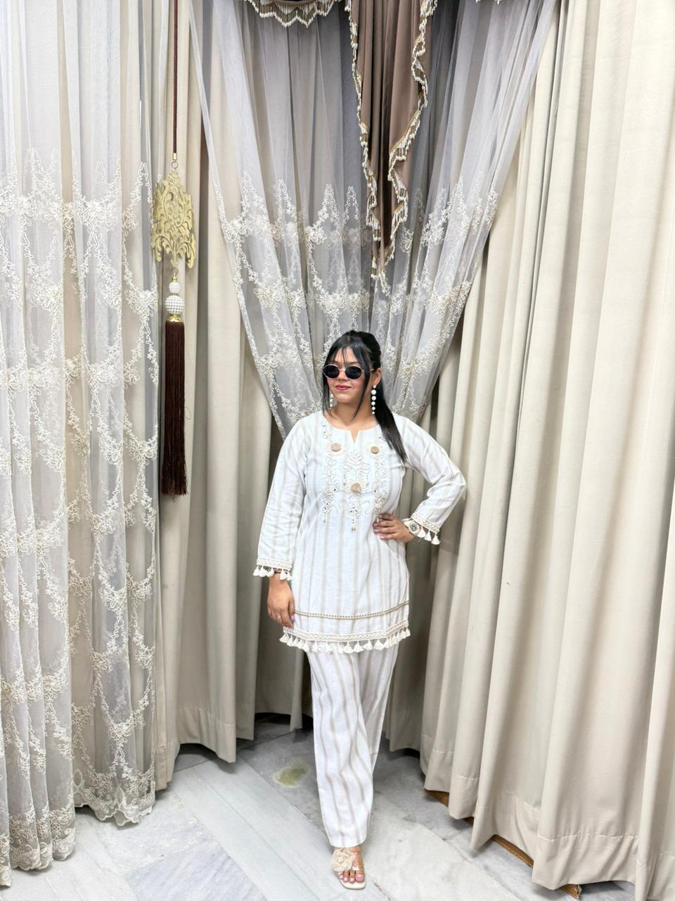Premium Pure Cotton Striped Co-Ord Set with Sunflower Embroidery & Mirror Work