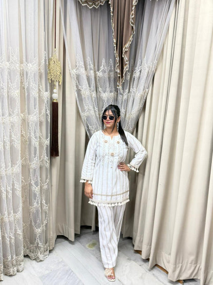 Premium Pure Cotton Striped Co-Ord Set with Sunflower Embroidery & Mirror Work
