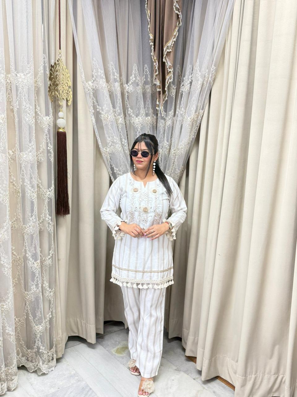 Premium Pure Cotton Striped Co-Ord Set with Sunflower Embroidery & Mirror Work