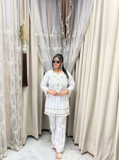 Premium Pure Cotton Striped Co-Ord Set with Sunflower Embroidery & Mirror Work