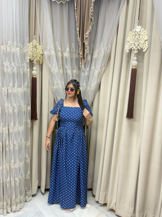 Premium Korean Fabric Polka Dot Maxi Dress with Smocked Back