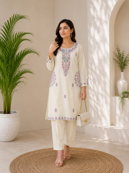 Premium Pure Cotton Kashmiri Embroidery Co-Ord Set with Designer Pockets