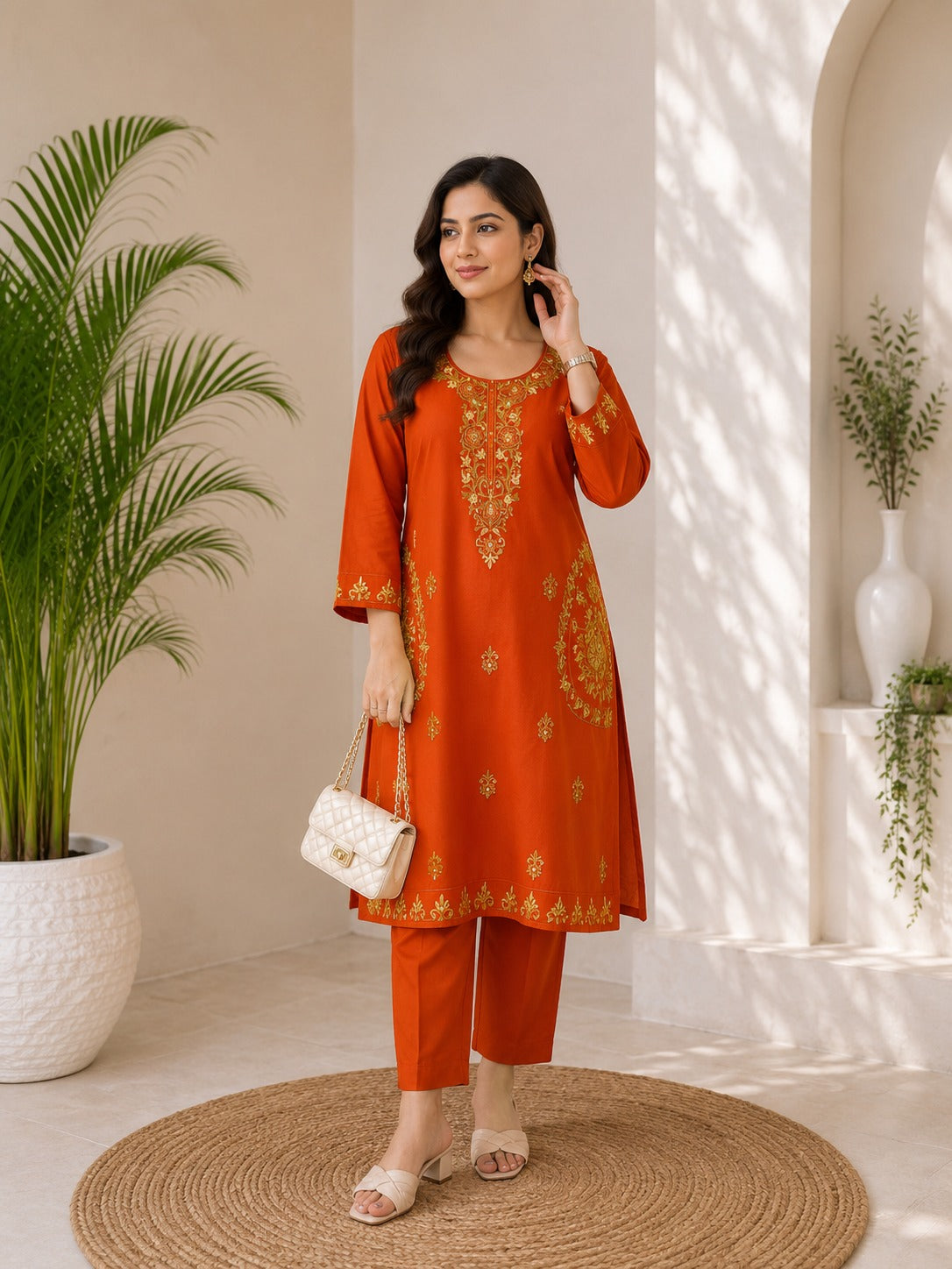 Premium Pure Cotton Kashmiri Embroidery Co-Ord Set with Designer Pockets