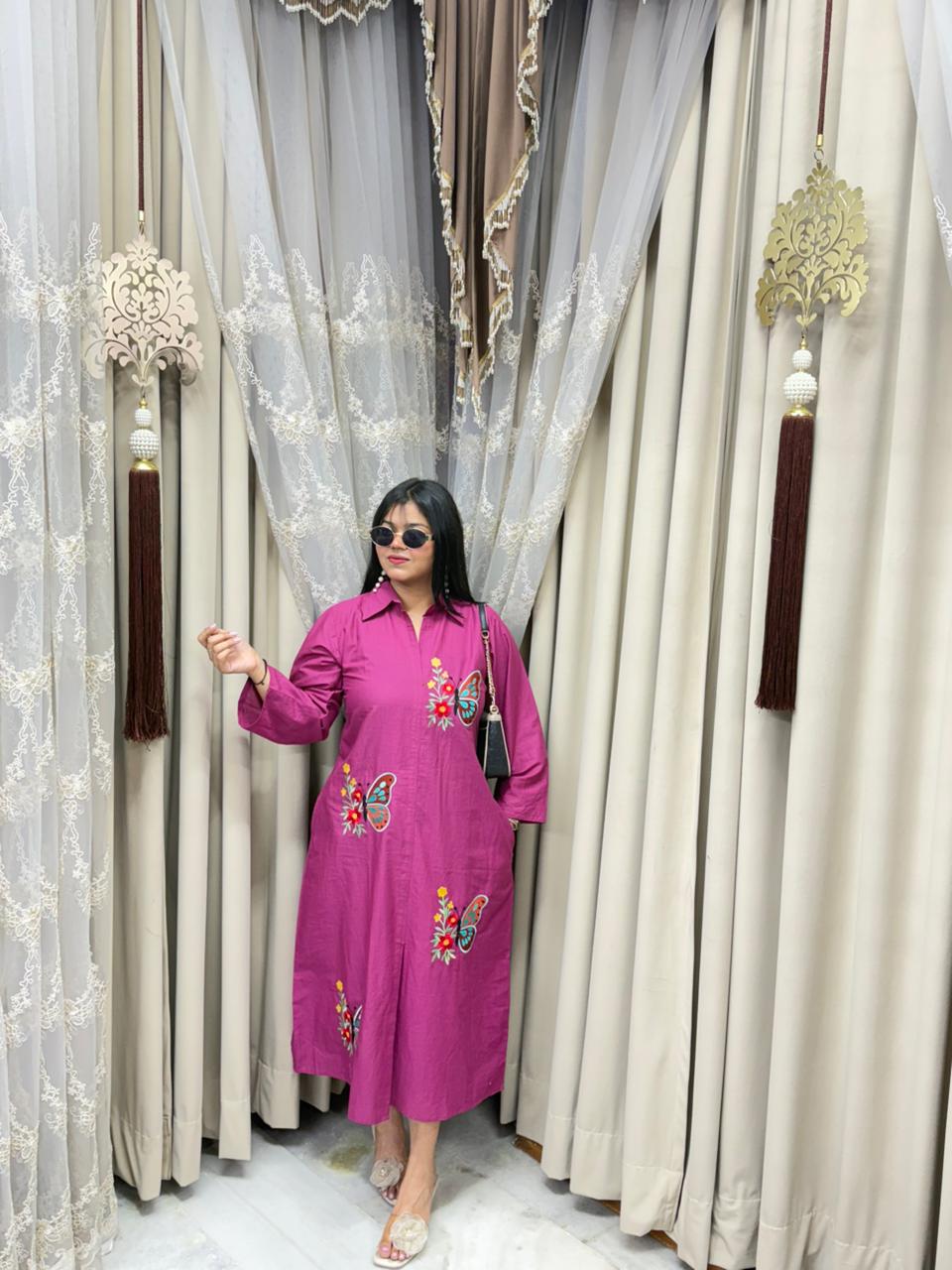 Premium Pure Cotton Butterfly Embroidery Shirt Dress with Pockets