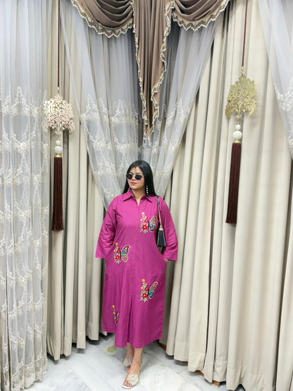 Premium Pure Cotton Butterfly Embroidery Shirt Dress with Pockets