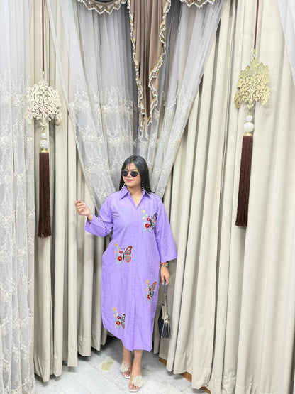 Premium Pure Cotton Butterfly Embroidery Shirt Dress with Pockets