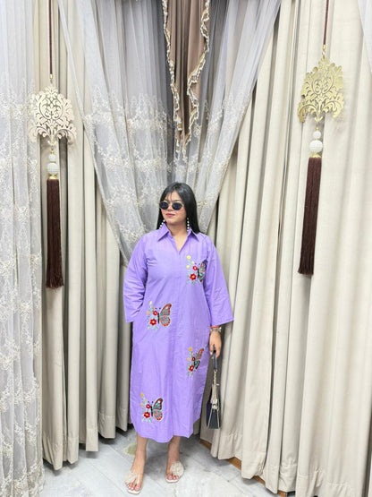 Premium Pure Cotton Butterfly Embroidery Shirt Dress with Pockets