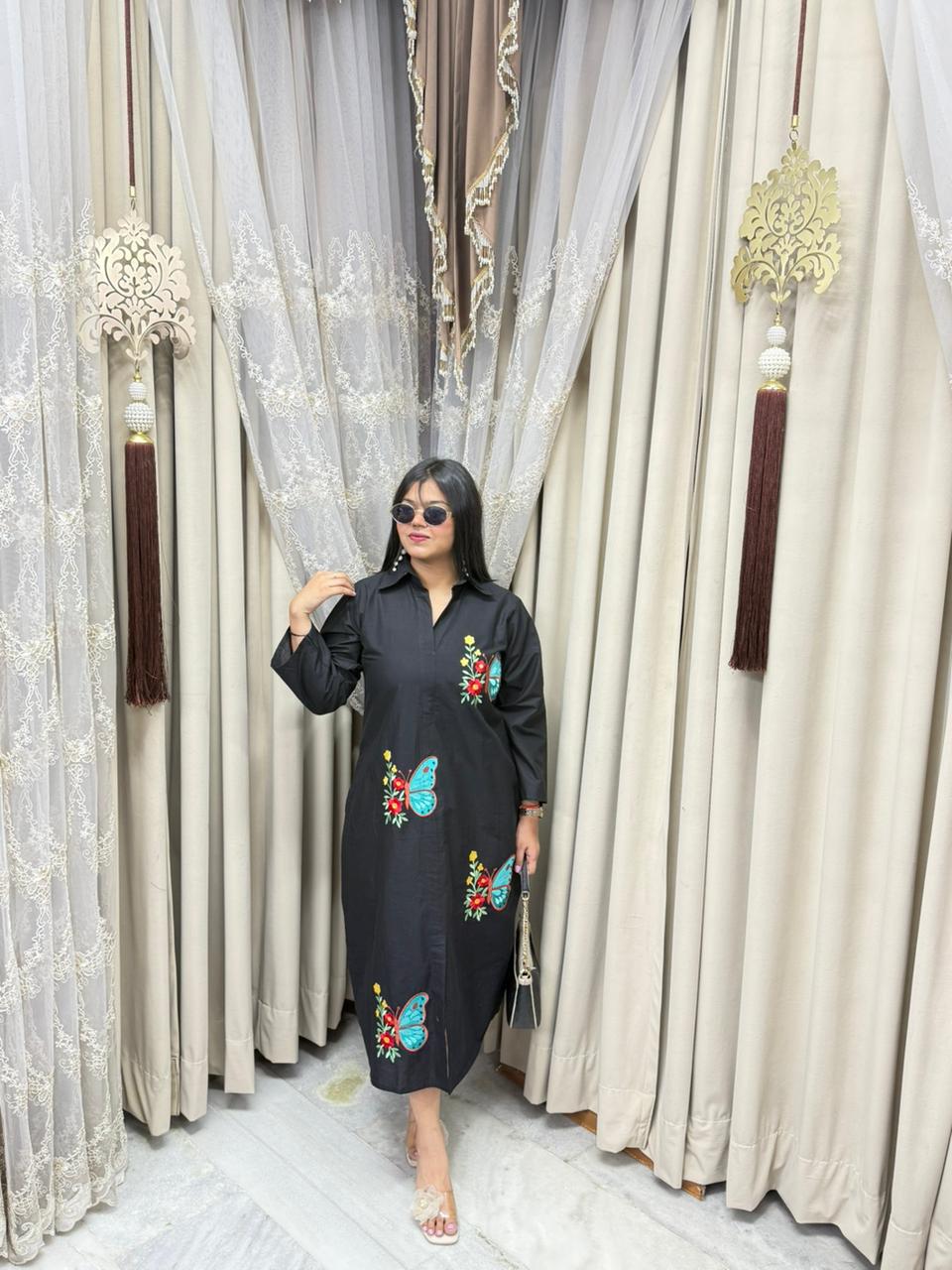 Premium Pure Cotton Butterfly Embroidery Shirt Dress with Pockets