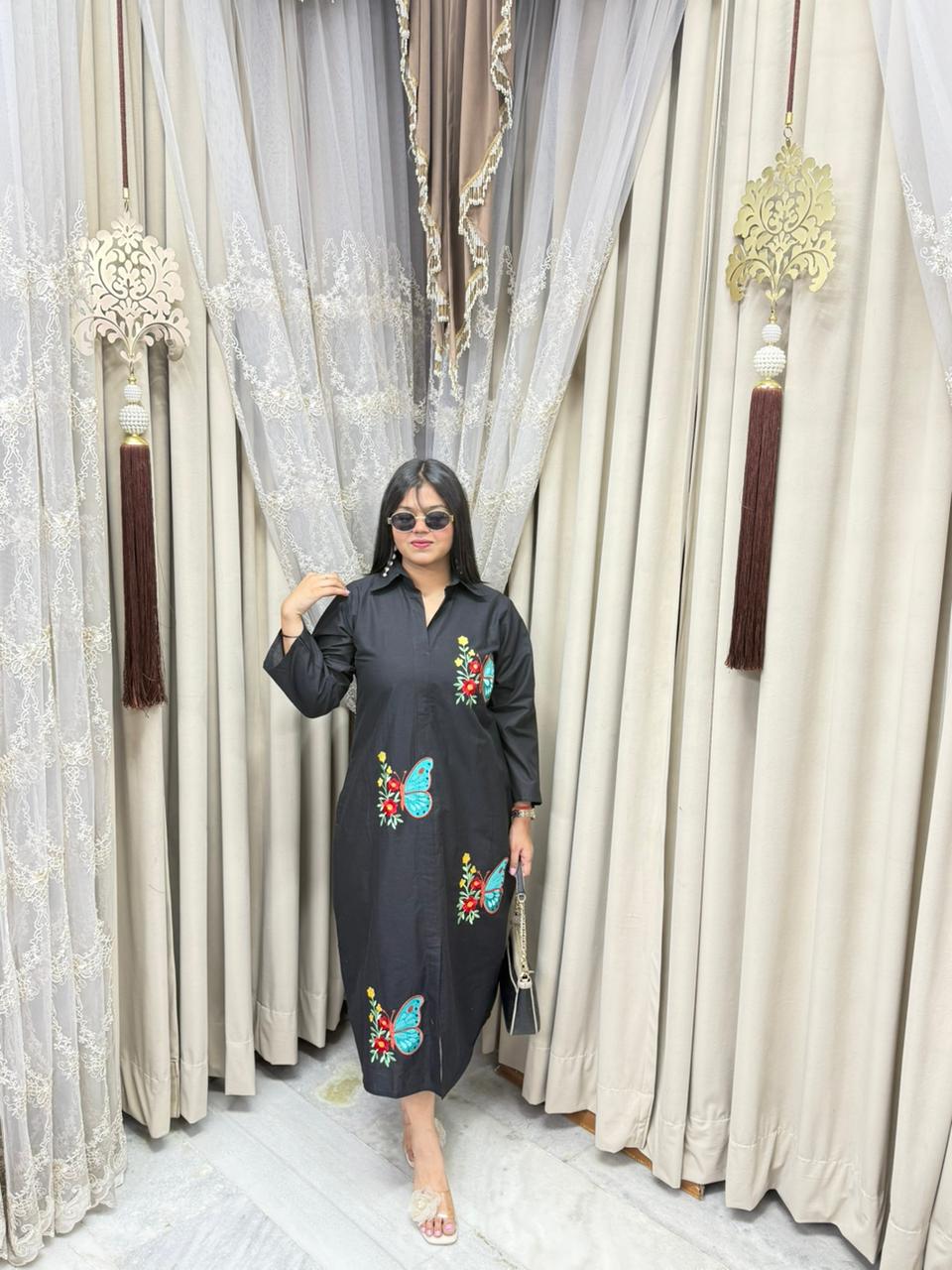 Premium Pure Cotton Butterfly Embroidery Shirt Dress with Pockets