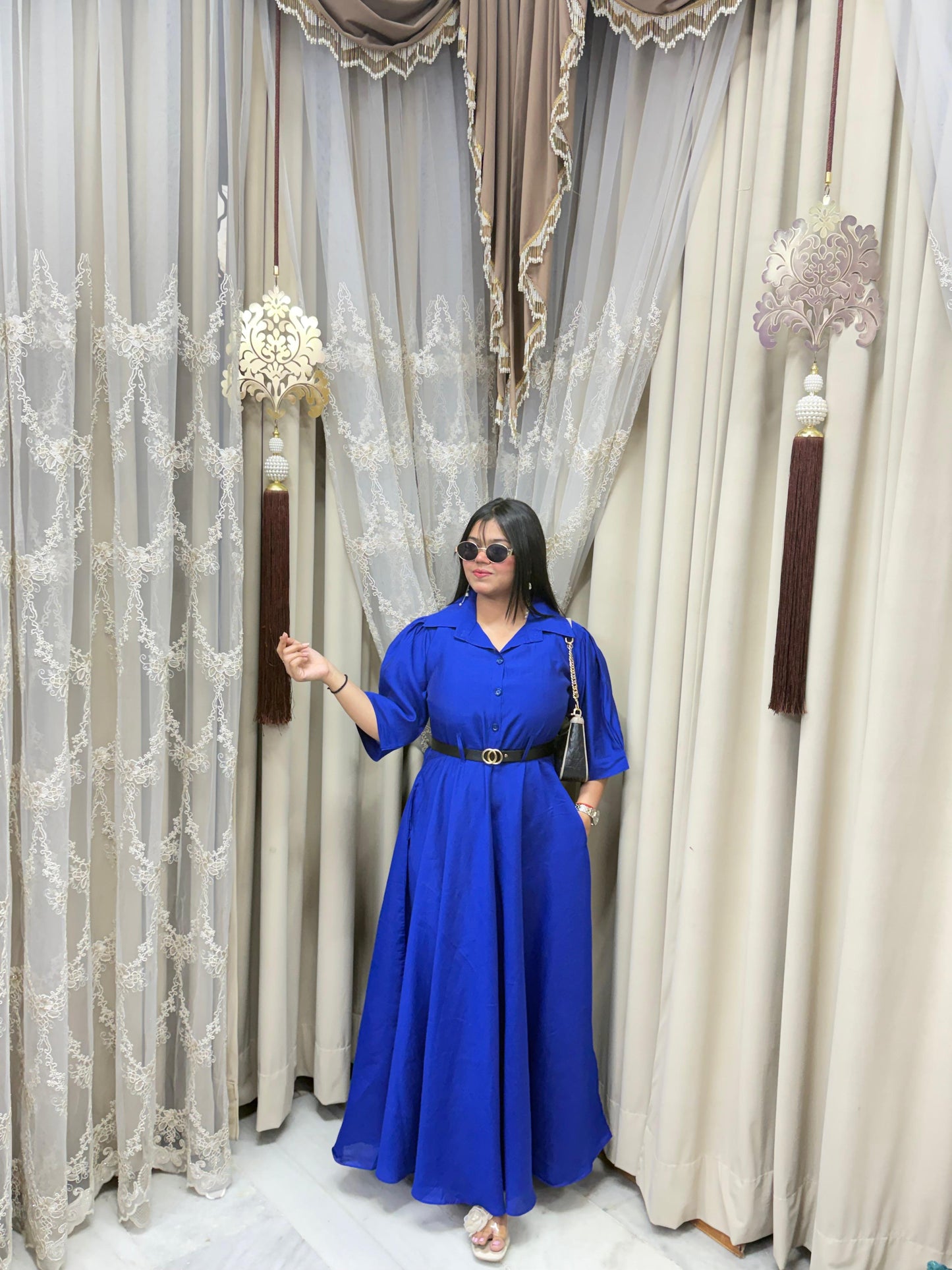 Premium Cotton Silk Flared Maxi Dress with Belt & Pockets