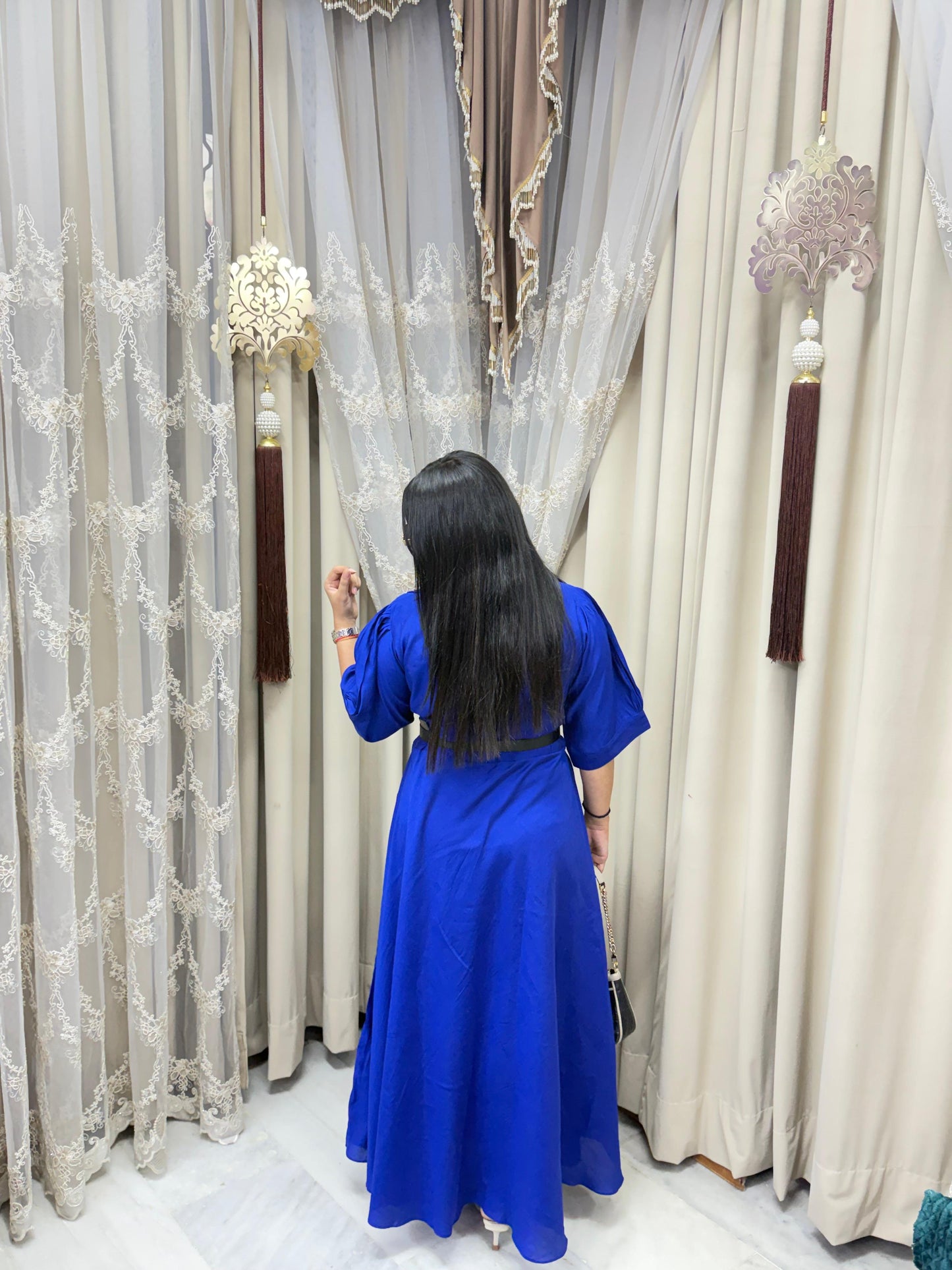 Premium Cotton Silk Flared Maxi Dress with Belt & Pockets