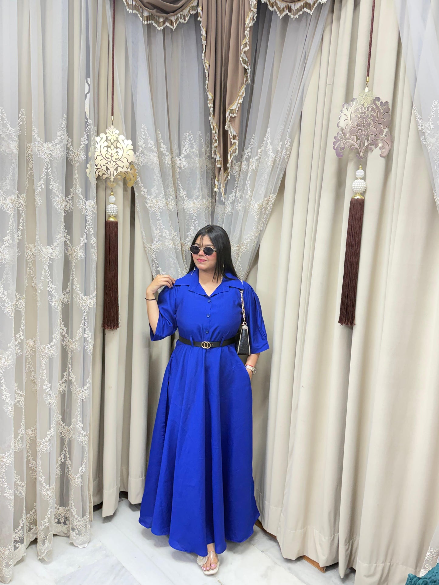 Premium Cotton Silk Flared Maxi Dress with Belt & Pockets