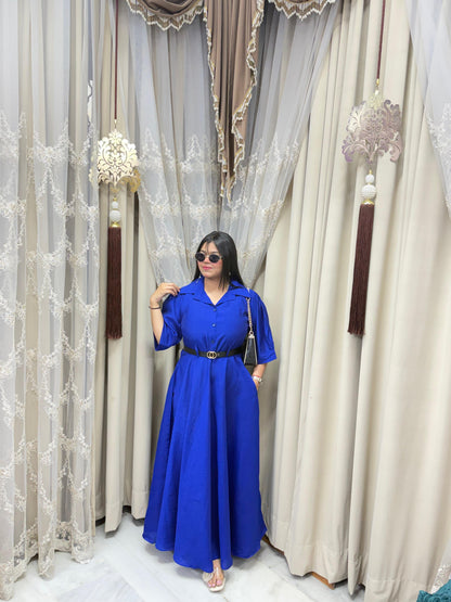 Premium Cotton Silk Flared Maxi Dress with Belt & Pockets
