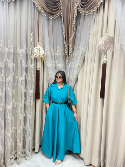 Premium Cotton Silk Flared Maxi Dress with Belt & Pockets