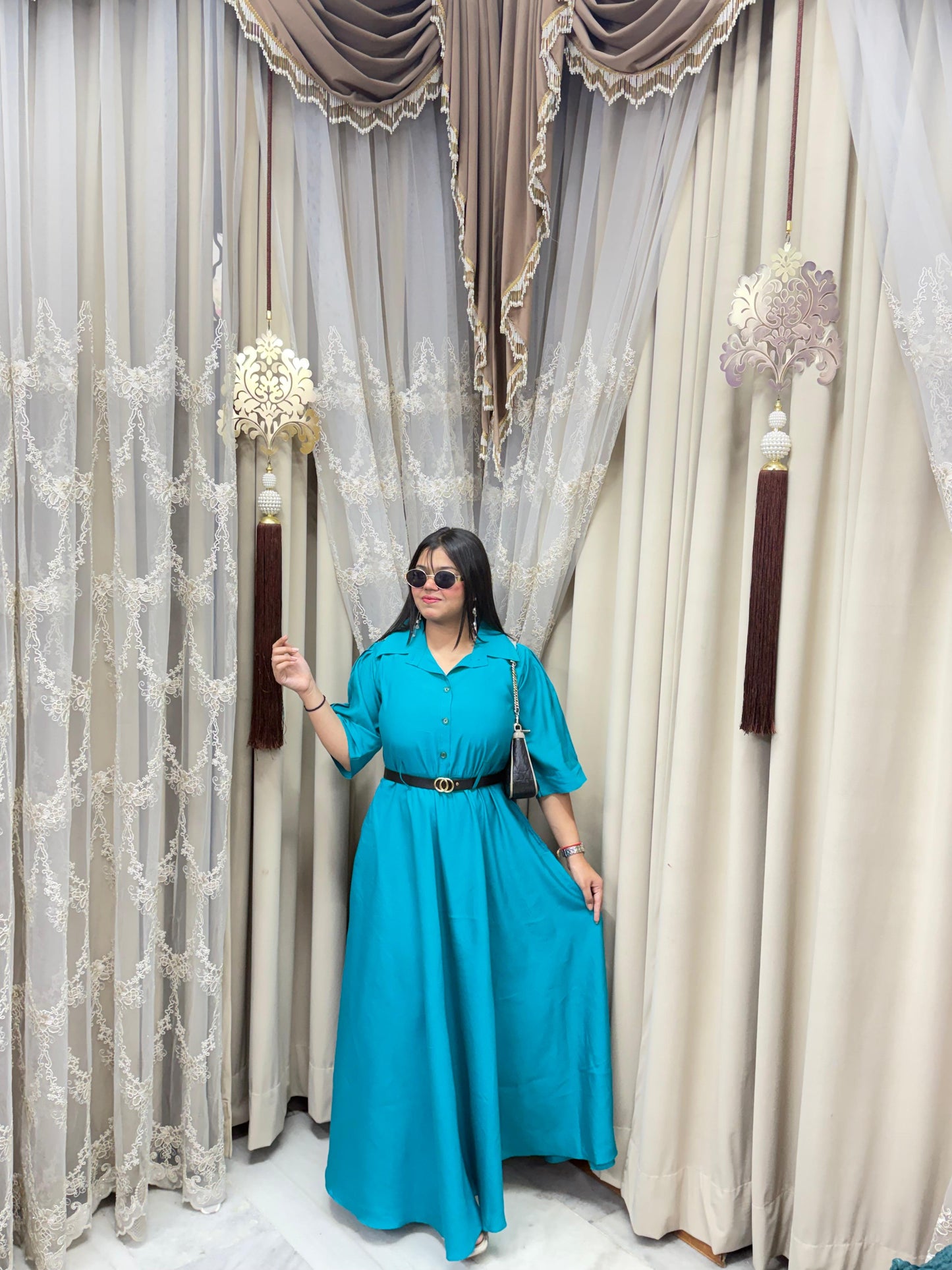 Premium Cotton Silk Flared Maxi Dress with Belt & Pockets
