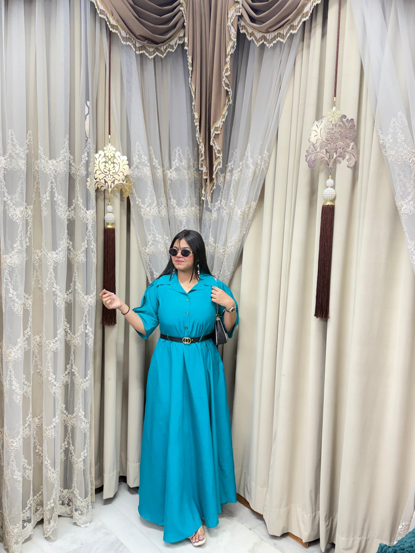 Premium Cotton Silk Flared Maxi Dress with Belt & Pockets