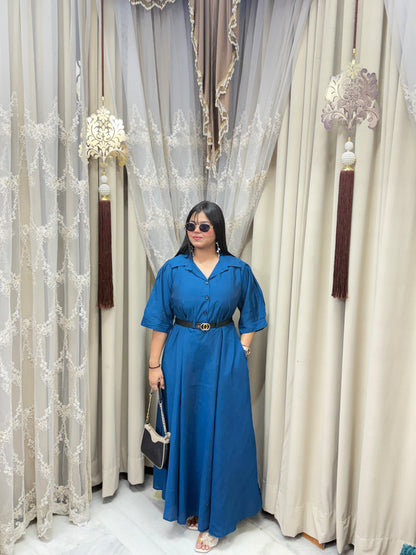 Premium Cotton Silk Flared Maxi Dress with Belt & Pockets