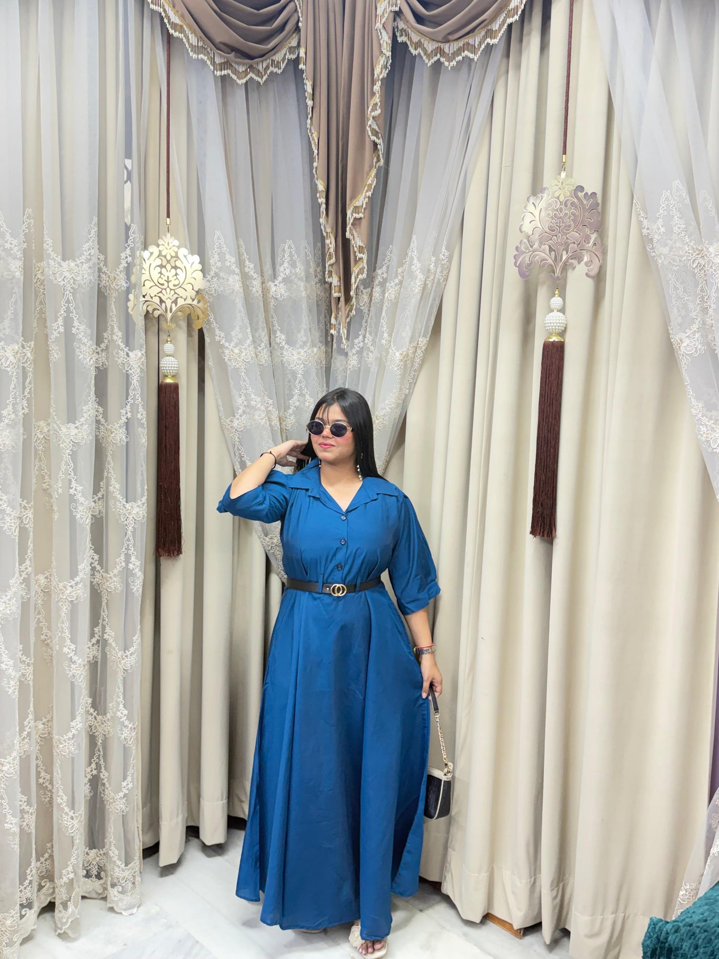 Premium Cotton Silk Flared Maxi Dress with Belt & Pockets