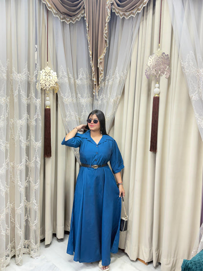 Premium Cotton Silk Flared Maxi Dress with Belt & Pockets