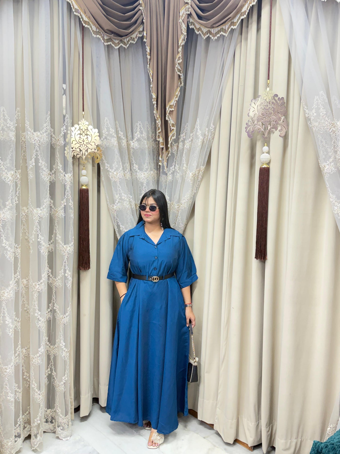 Premium Cotton Silk Flared Maxi Dress with Belt & Pockets