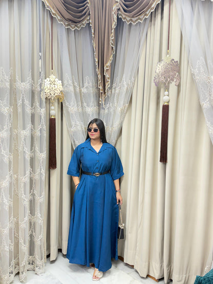 Premium Cotton Silk Flared Maxi Dress with Belt & Pockets