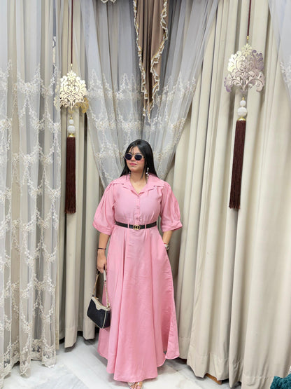 Premium Cotton Silk Flared Maxi Dress with Belt & Pockets