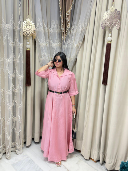 Premium Cotton Silk Flared Maxi Dress with Belt & Pockets