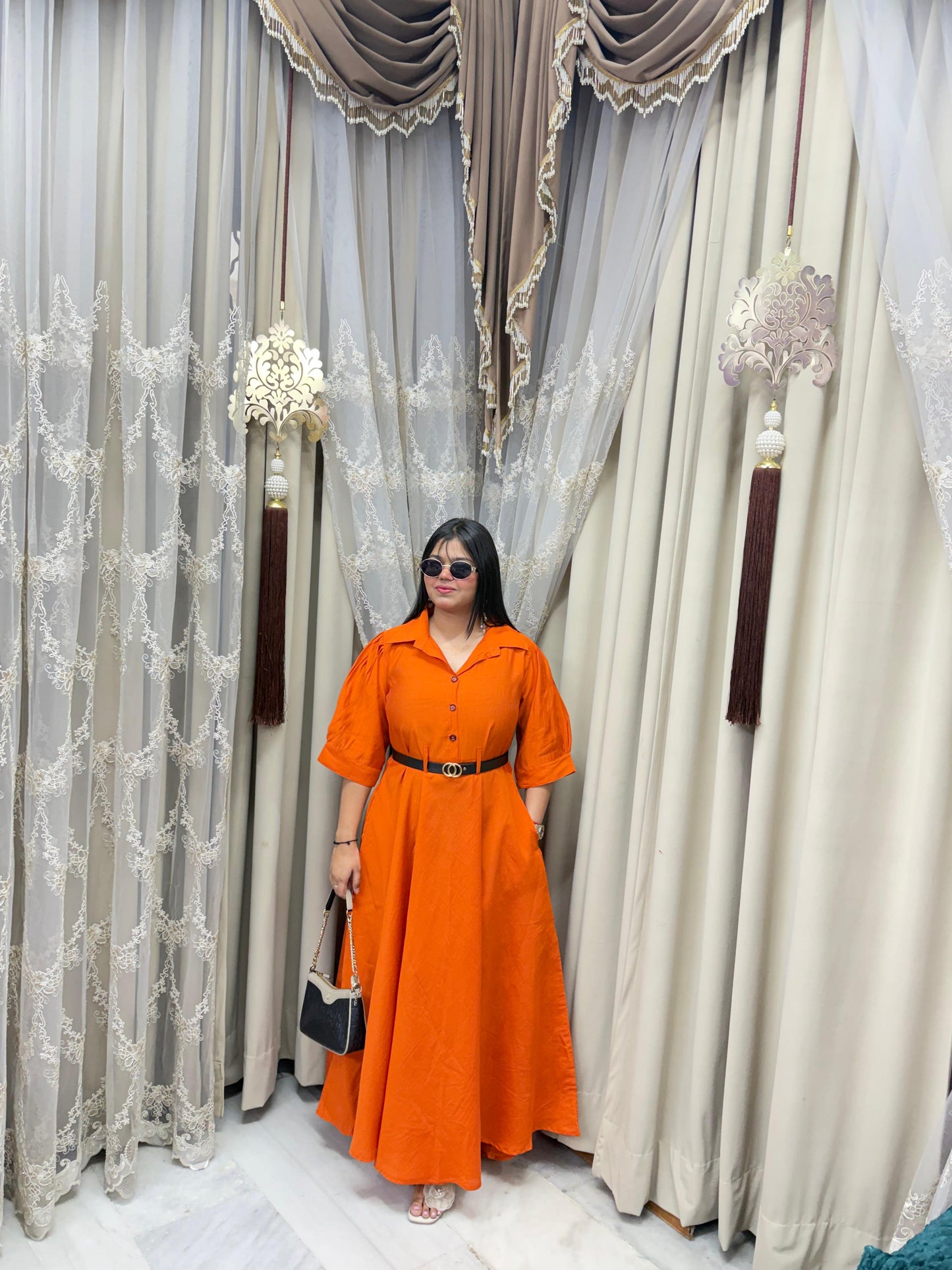 Premium Cotton Silk Flared Maxi Dress with Belt & Pockets