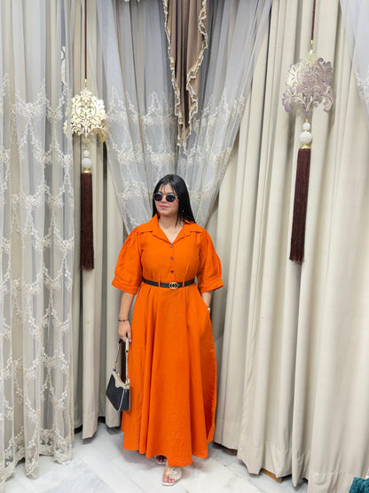 Premium Cotton Silk Flared Maxi Dress with Belt & Pockets