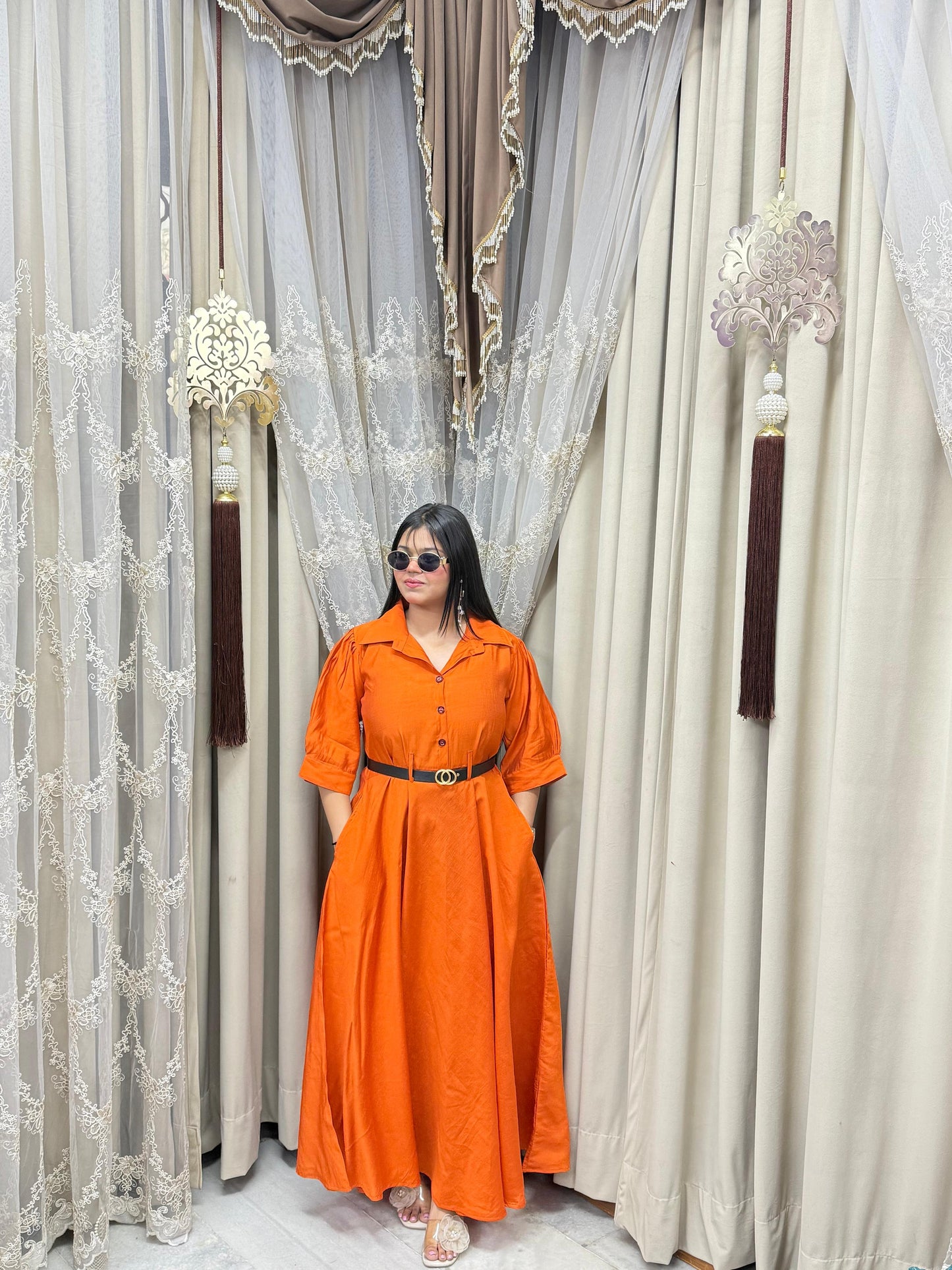 Premium Cotton Silk Flared Maxi Dress with Belt & Pockets
