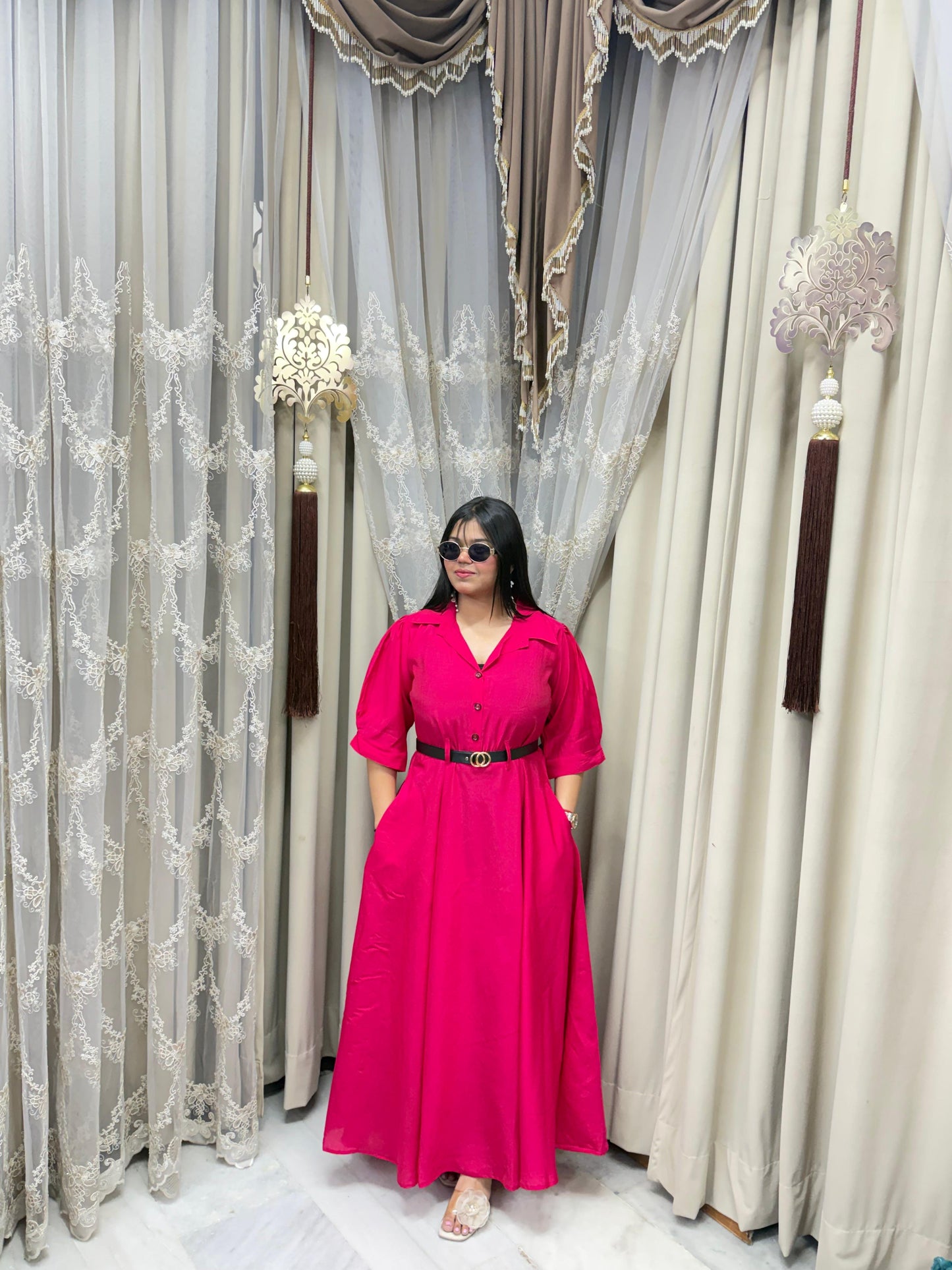 Premium Cotton Silk Flared Maxi Dress with Belt & Pockets