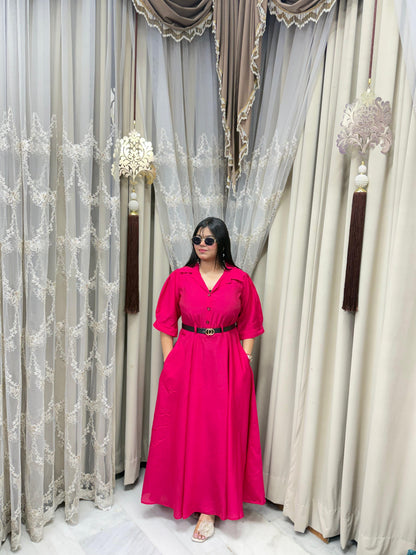 Premium Cotton Silk Flared Maxi Dress with Belt & Pockets