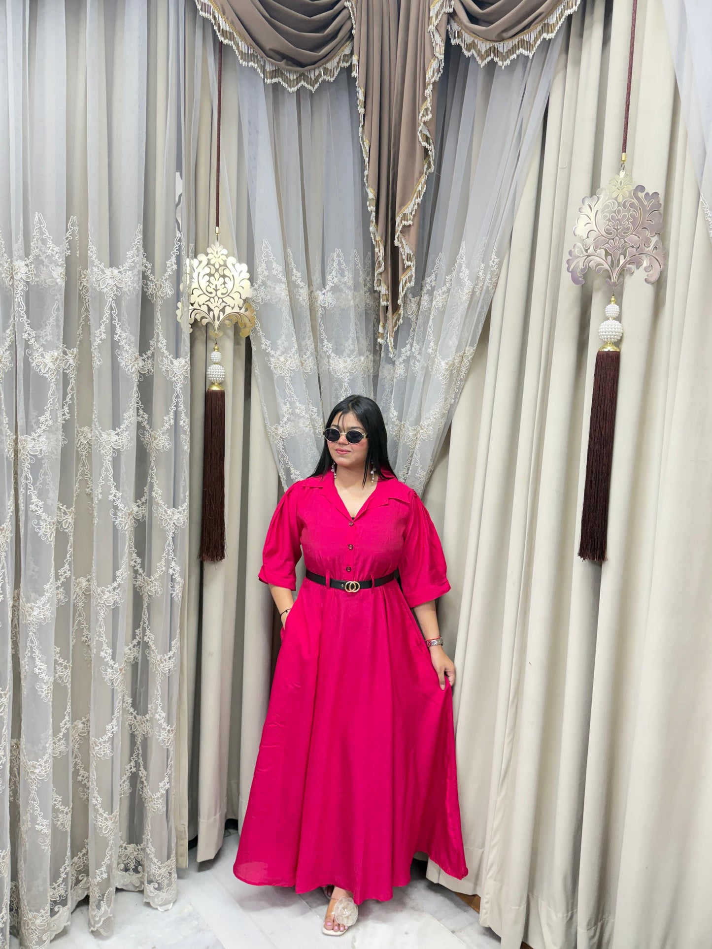 Premium Cotton Silk Flared Maxi Dress with Belt & Pockets