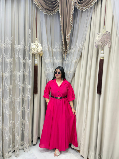Premium Cotton Silk Flared Maxi Dress with Belt & Pockets