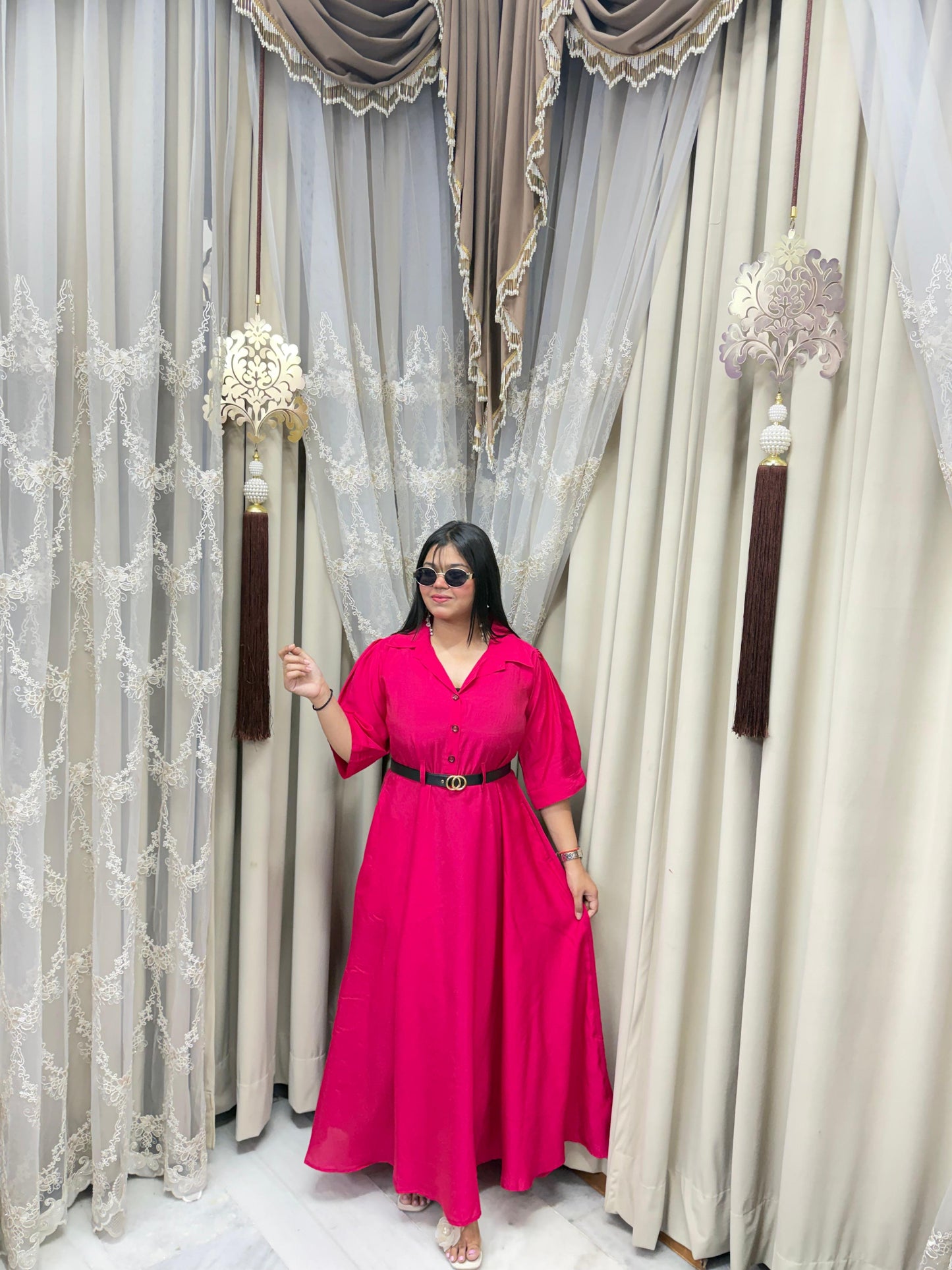Premium Cotton Silk Flared Maxi Dress with Belt & Pockets