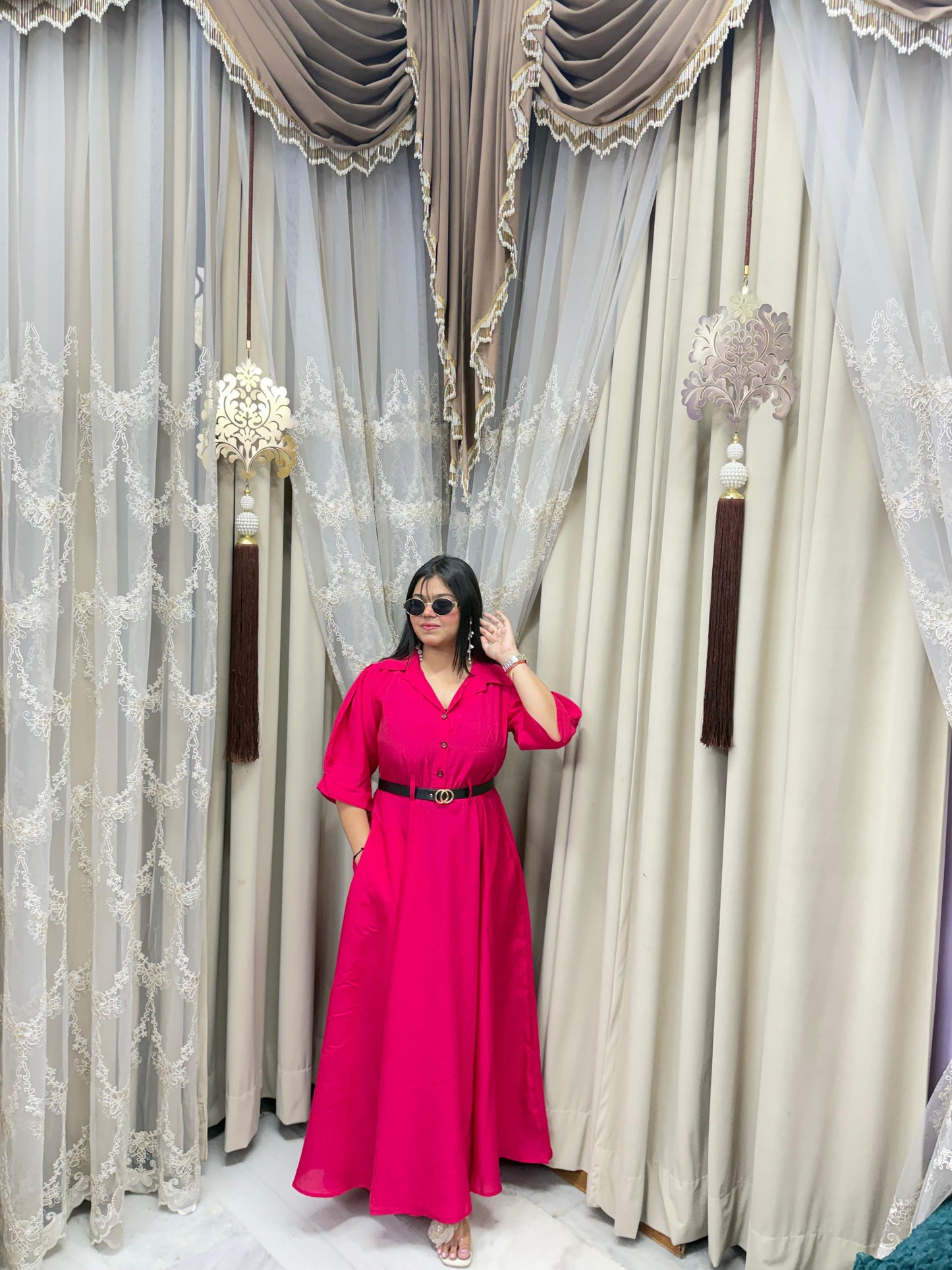 Premium Cotton Silk Flared Maxi Dress with Belt & Pockets