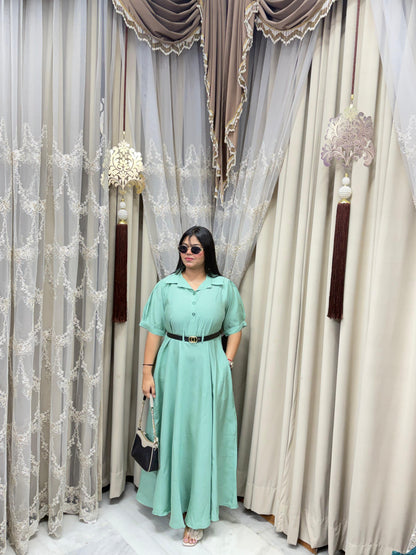 Premium Cotton Silk Flared Maxi Dress with Belt & Pockets