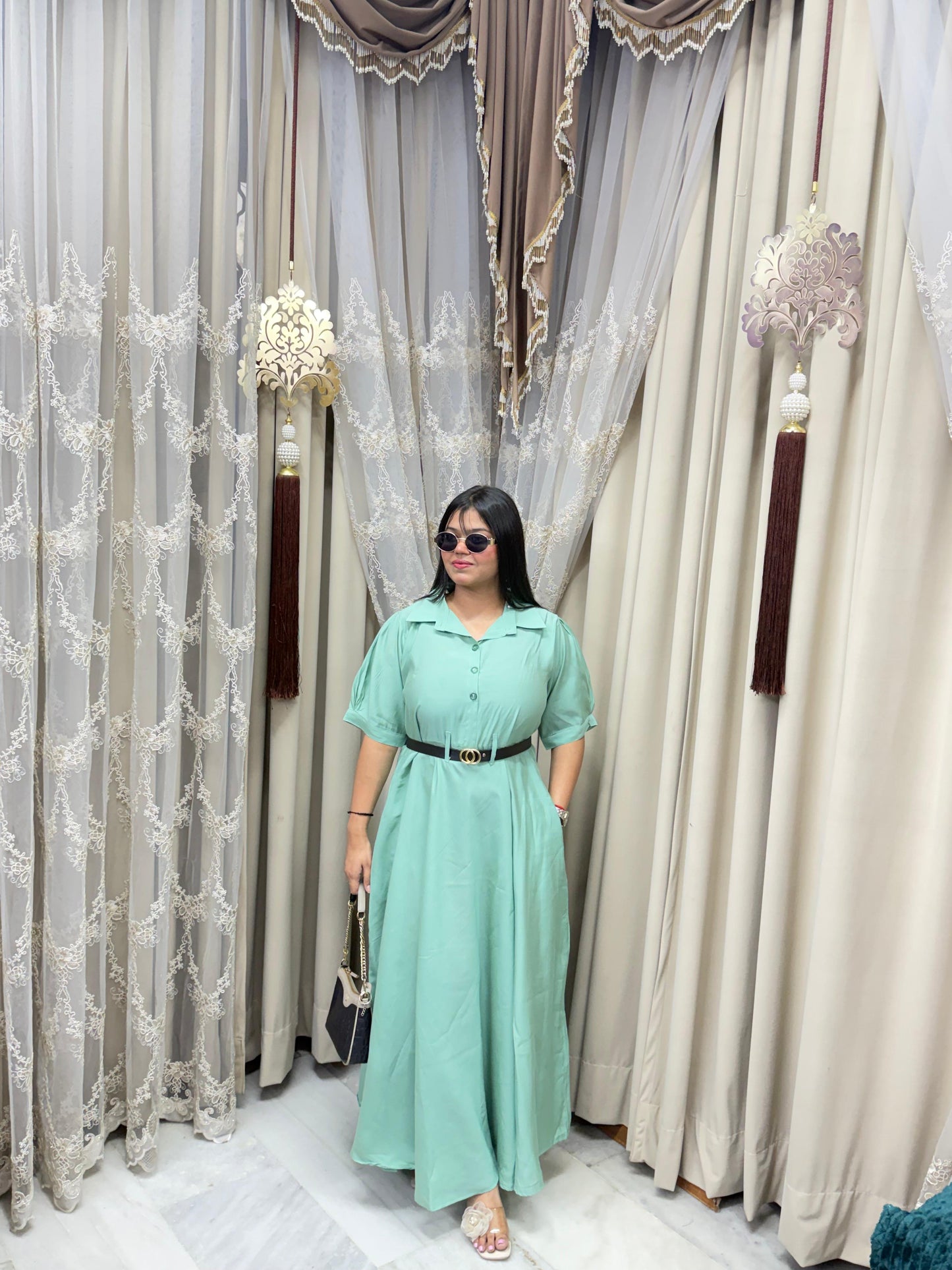 Premium Cotton Silk Flared Maxi Dress with Belt & Pockets