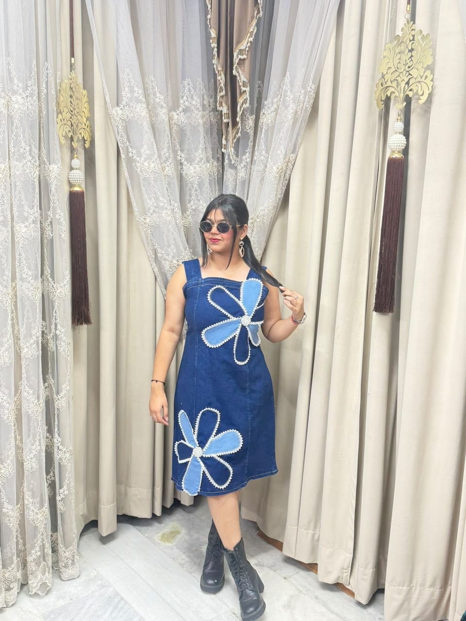 Premium Cotton Denim Dress with Statement Pearl & Flower Patchwork