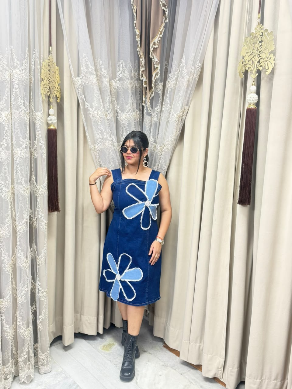 Premium Cotton Denim Dress with Statement Pearl & Flower Patchwork