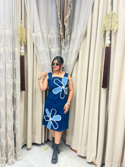 Premium Cotton Denim Dress with Statement Pearl & Flower Patchwork