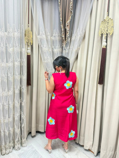 Premium Cotton Silk Flower Embroidery Dress with Attached Sleeves
