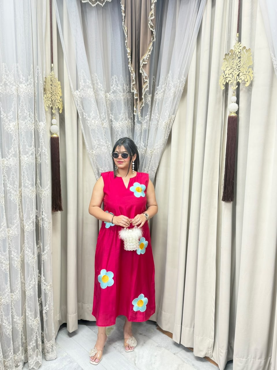 Premium Cotton Silk Flower Embroidery Dress with Attached Sleeves