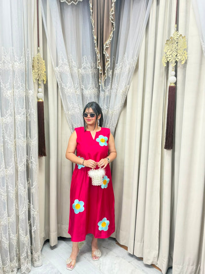 Premium Cotton Silk Flower Embroidery Dress with Attached Sleeves