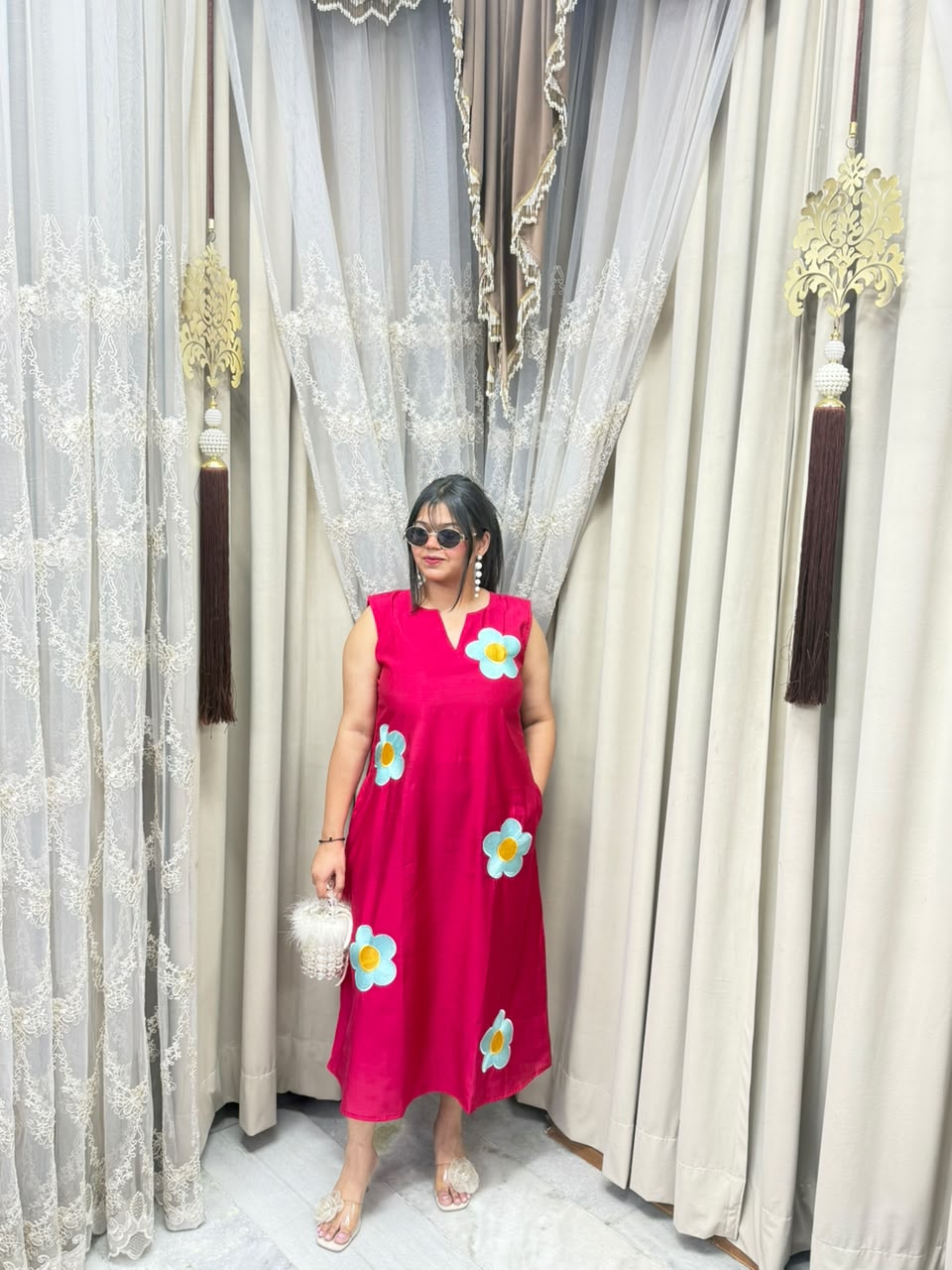 Premium Cotton Silk Flower Embroidery Dress with Attached Sleeves